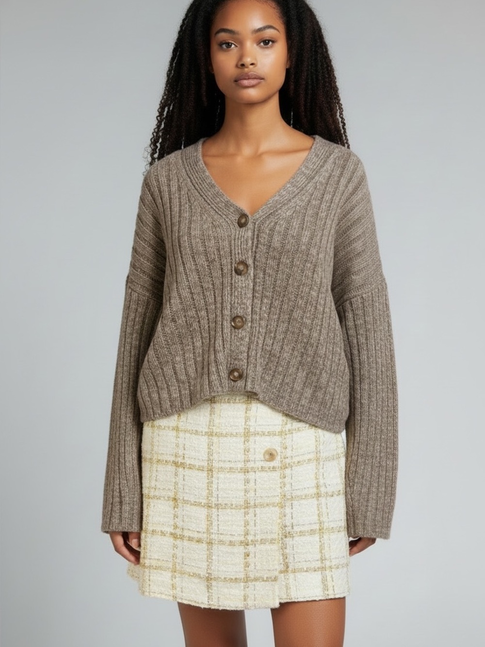 Cozy Taupe Ribbed Button-Front Women’s Sweater